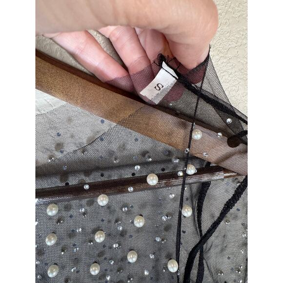 Black Sheer Mesh Pearl Top Long Sleeve Y2K Coquette Small - Picture 4 of 9